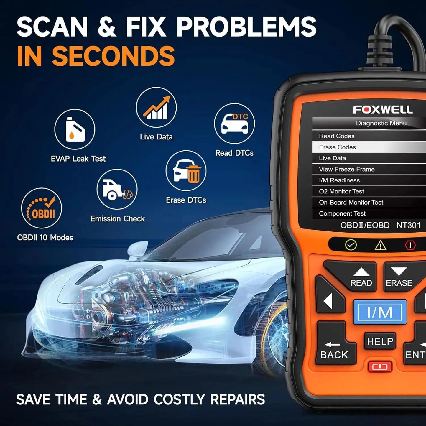 FOXWELL NT301 OBD2 Scanner Motorkontrollleuchte Code-Lesegerät Professioneller ODB2 OBD2 Fahrzeugdiagnosescanner Auto-Diagnosetools PK ELM327