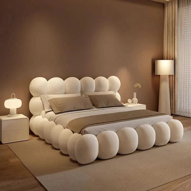 Beauty Cream Cloud Bed Large Size White Rectangle Minimalist Safe Bed Upholstery European Cama Matrimonial Home Furniture