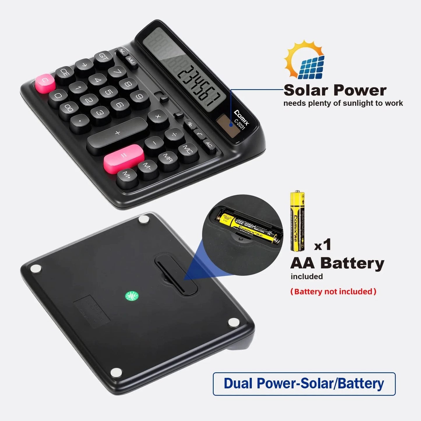 Comix Desktop Calculator, Computer Keys 12 Digit Large Display, Dual Power Black Electronic Calculator for Office Home