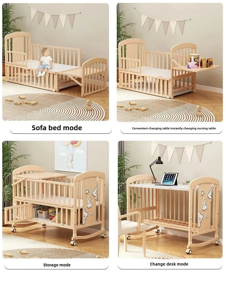 Baby Comfortable Sleeping Bed Solid Wood Newborn Baby Bed Multifunctional Baby Rocking Bed with Wheels and mosquito net