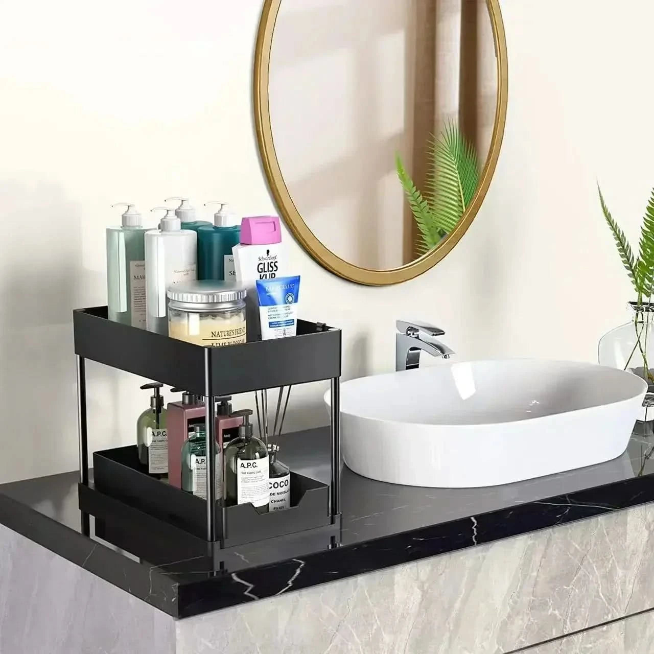 Two-level Pull-down Sink Shelving Sliding Cabinet Basket Shelving Storage Shelf Hanging Cup Bathroom Kitchen Shelving