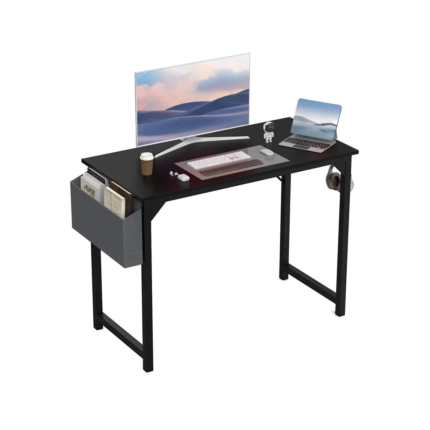 JHK Computertisch Schreibtisch Büro Gaming-Tisch Modern Einfacher Stil Kompakt mit Seitentasche Kopfhörerhaken Leichte Montage