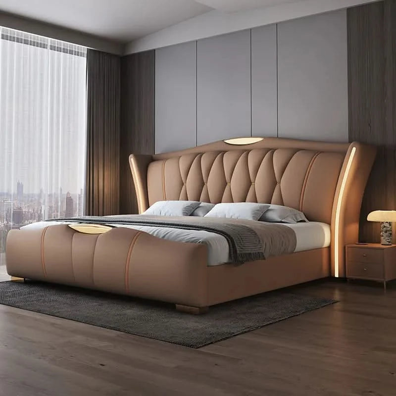 Home Leather bed with light modern minimalist lit 150x200 180x200 200x220 cm Double bed 2 people bedroom beds frames Furniture