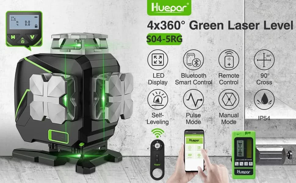 Huepar 4D 16 Lines Laser Level Self Leveling 4x360°Cross Line LCD Screen Bluetooth Remote Green Beam Tiling Floor with Receiver