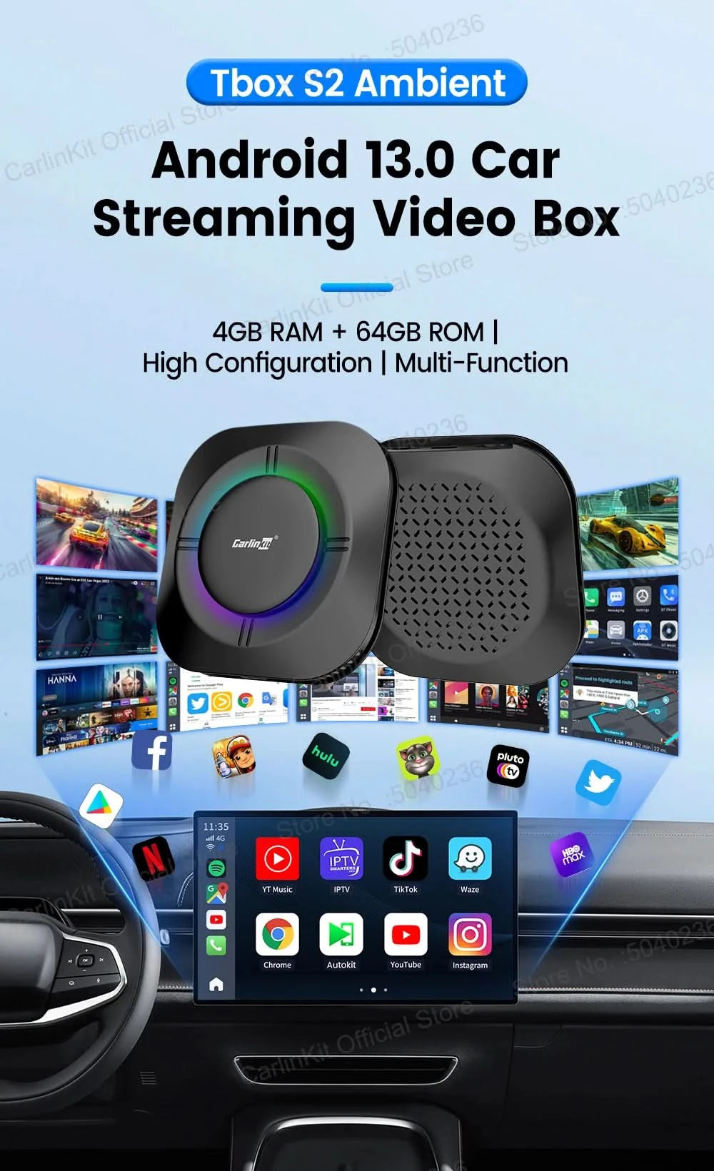 CarlinKit S2 CarPlay Ai Box LED Android 13 Streaming Box 64G/128G Qualcomm 8-Core Split Screen Smartes Fahrzeugsystem Wiedergabe von Videos