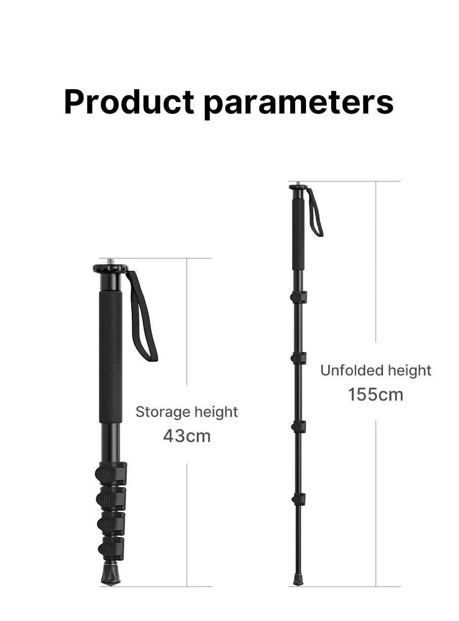 Ulanzi Leichtes Einbeinstativ Aluminium DSLR-Kamerastativ für 1/4''3/8'' Wanderungen Reisen Selfie-Stick Max. 155cm Verlängerung 5KG Belastung