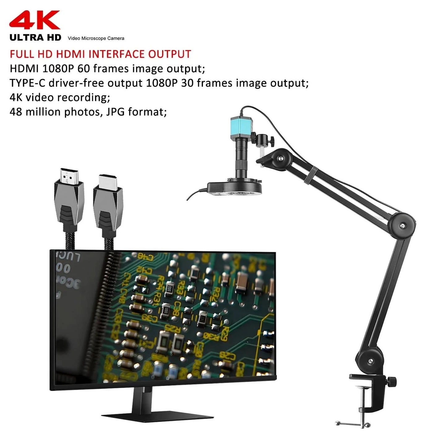 Full HD 4K Electron Microscope For Soldering IMX415 48MP HDMI USB Digital Camera 150X Lens Reinforced Bracket Reduces Vibration