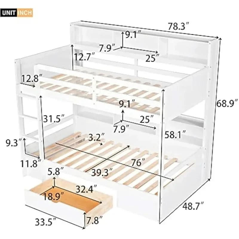Twin over Twin Bunk Bed with Storage Drawer, Solid Wood Construction, Built-in Shelves on Each Side