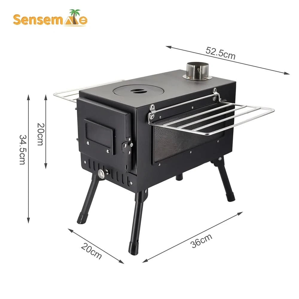 Camping Wood Stove Fire View Side Glass Portable Folding Wood Burner with Chimney Stainless Steel Tent Heater for Ice Fishing