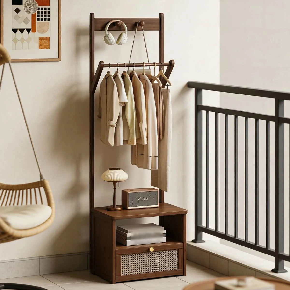 Bamboo 2-in-1 Bedside Rack & Nightstand - Small Space (40/50cm) with Drawer, Shelf & Hanging Rod for Essentials