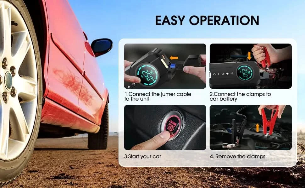 BUVAYE Auto-Multifunktions-Luftkompressor Starthilfe Luftpumpe Praktischer Reifenfüller Tragbarer Batteriestarter mit EVA-Tasche