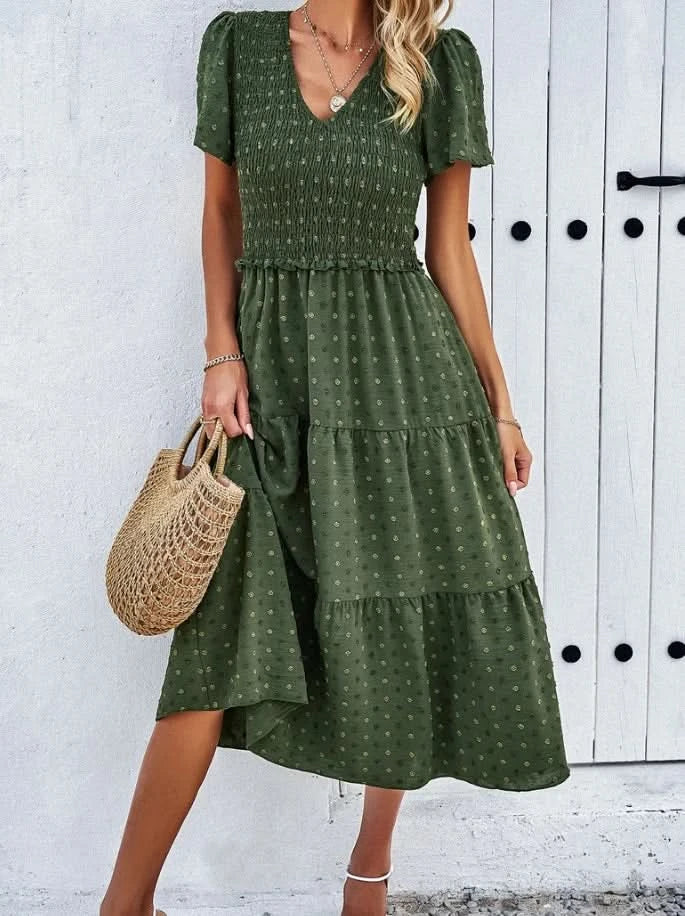 Women's Casual Solid V-Neck Short Sleeve A-Line Dress Temperament Commuting Summer New Fashion Women Clothes Pullover Dresses