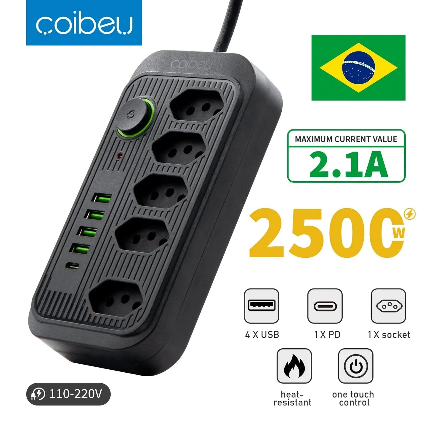 Mehrfachsteckdose, Steckdosenleiste, USB-Steckdose, Steckdosenleiste mit Filter, Steckdosenleiste, Verlängerungskabel, 110-220V, 10A