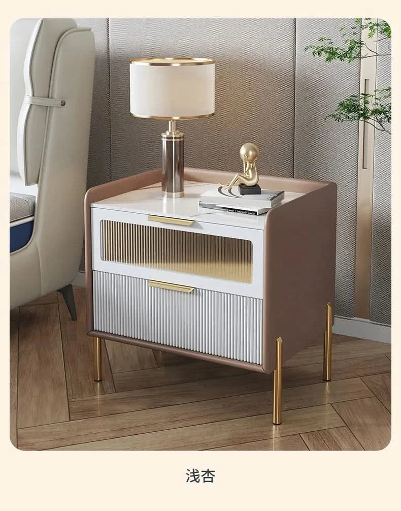 Bedside Table,Modern Light Luxury, Solid Wood Italian Simple Storage, Ultra-narrow Bed Leather Smart Side Cabinet Bedroom