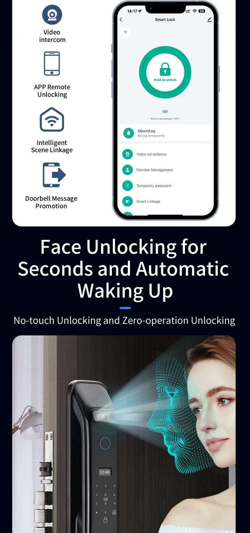Biometric Infrared 3C Face Real-time intercom Palmar vein Smart Door Lock Fingerprint Password Electronic Key Card APP Unlock