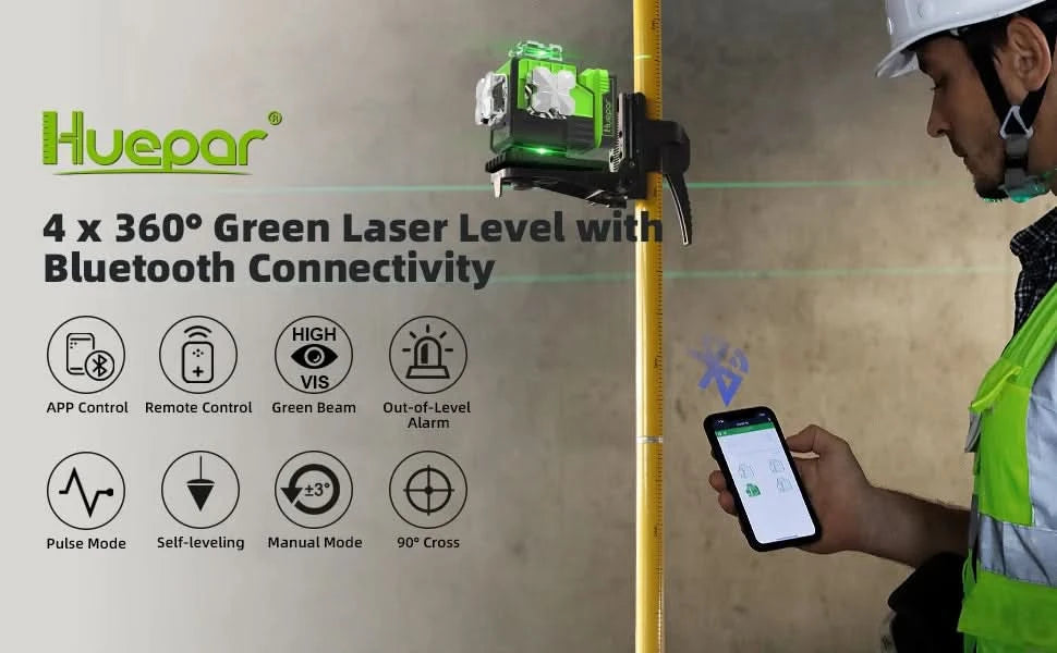 Huepar 16 Lines 4D Laser Level P04CG 360 Horizontal And Vertical Self-Leveling Bluetooth Remote Control With Li-ion Battery