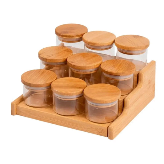 110ml 9 Pots Airtight Kit with Bamboo Lid and Bamboo Organizer Rack-Oikos