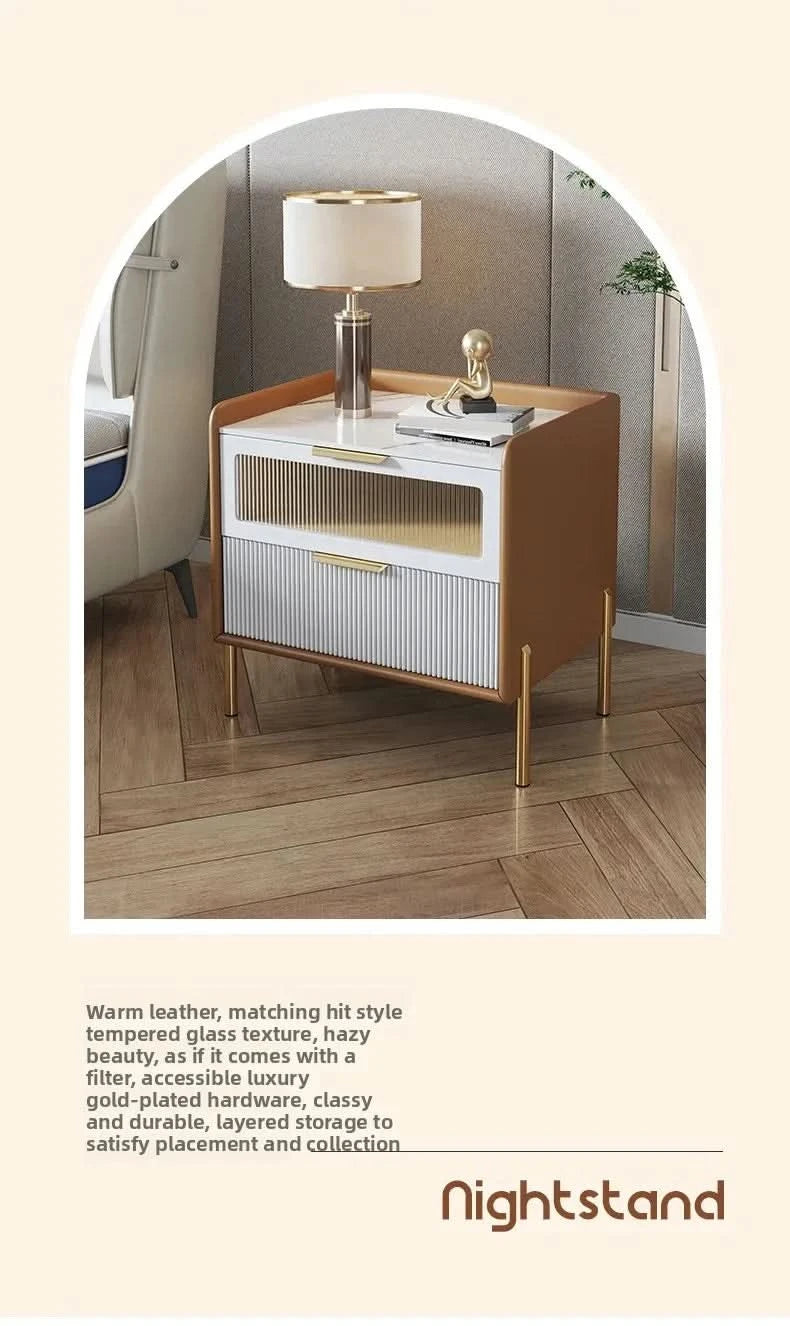 Bedside Table,Modern Light Luxury, Solid Wood Italian Simple Storage, Ultra-narrow Bed Leather Smart Side Cabinet Bedroom