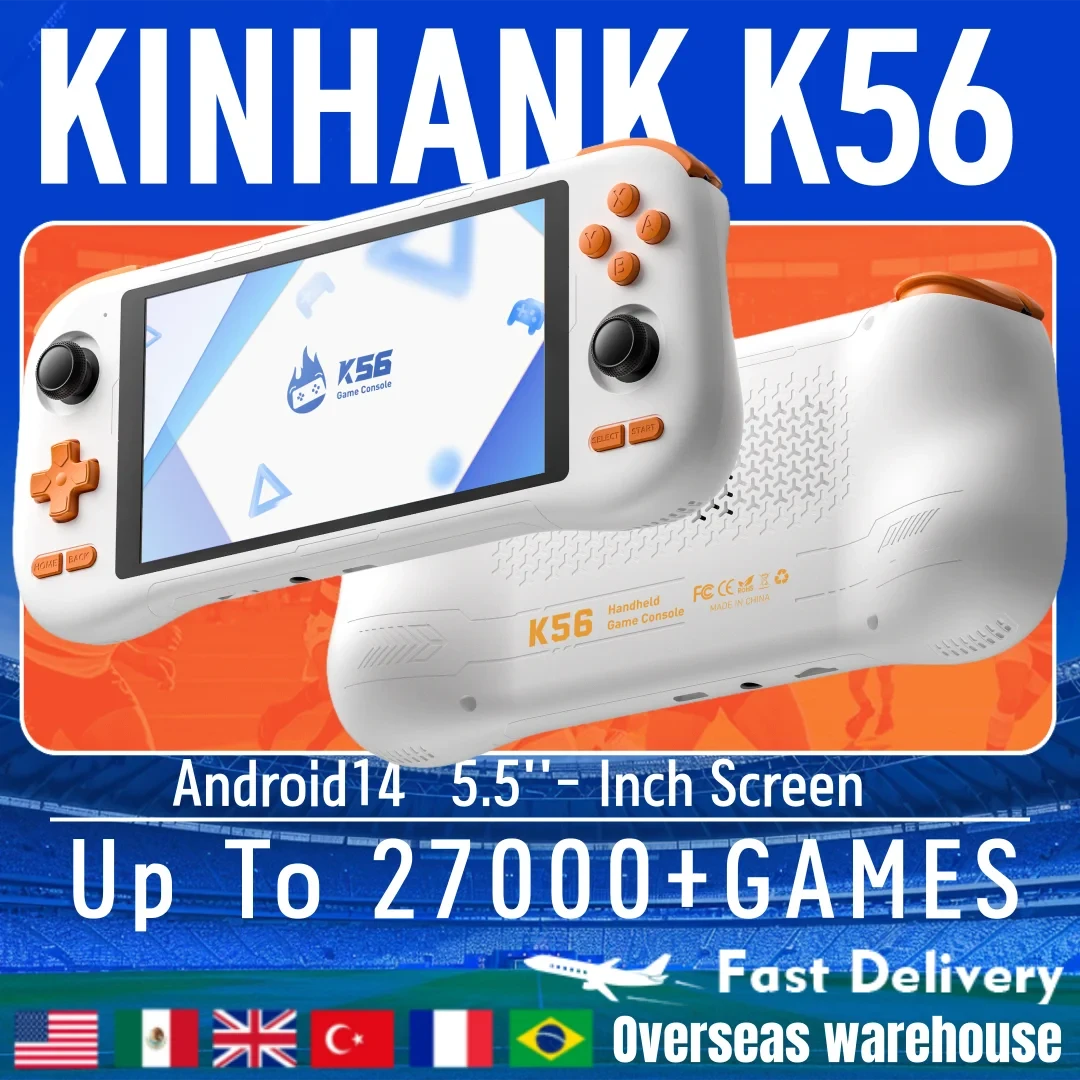 KINHANK K56 Handheld-Spielekonsole 5,5 Zoll Touchscreen 50 Emulatoren für Android 14 PS1/PSP/DC/SS 5000mAh WIFI5 Retro-Game-Player