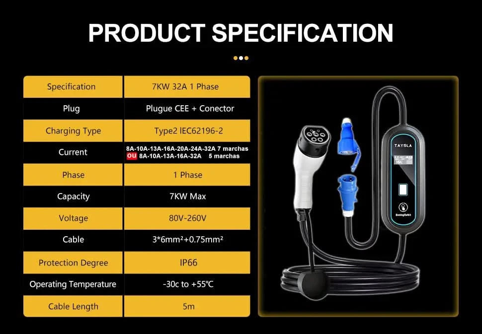TAYSLA Type 2 Portable Electric Vehicle Charger 3.5KW Brazilian Electric Vehicle Charging Cable Plug