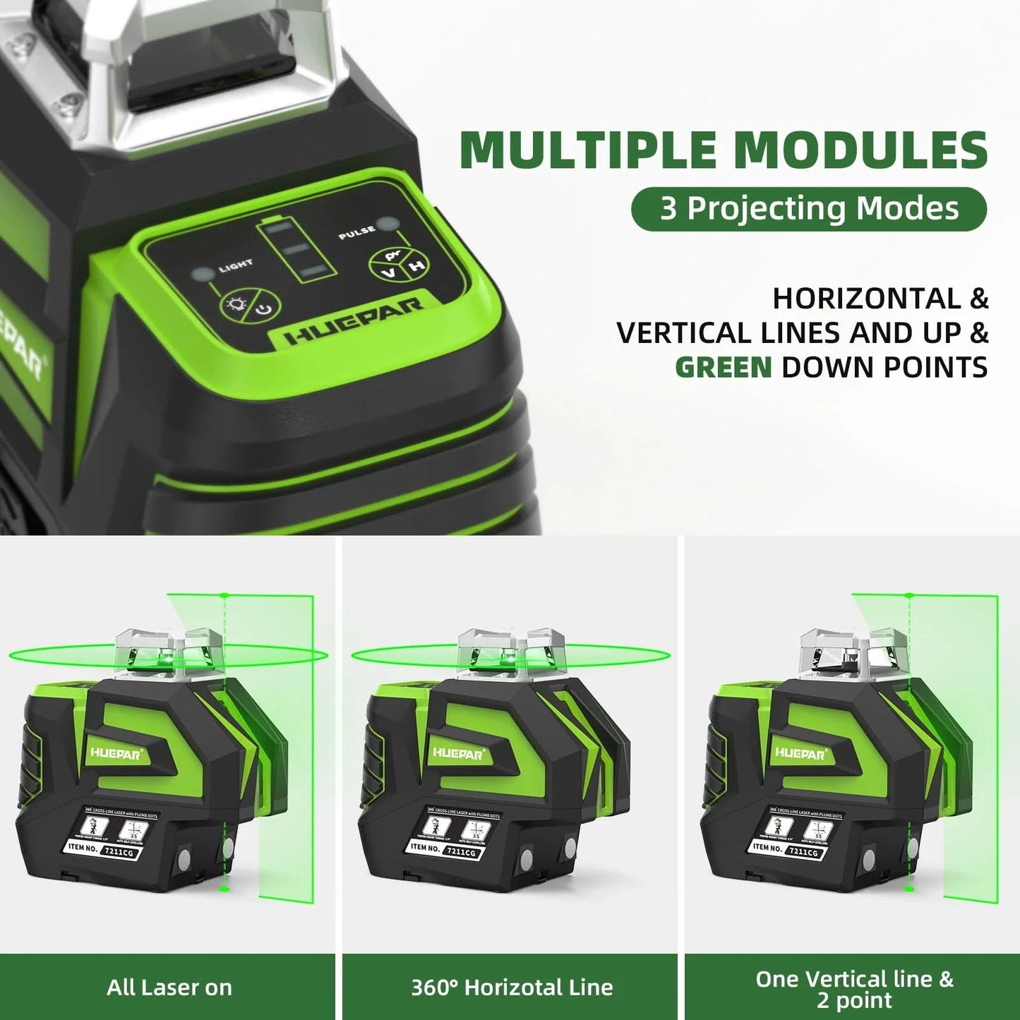 Huepar 7211CG Grüner Kreuzlinienlaser mit Selbstnivellierung, 2 Lotpunkten, Li-Ionen-Akku, 360° Horizontal-Linie und großer Fächeröffnung, Laser-Messgerät