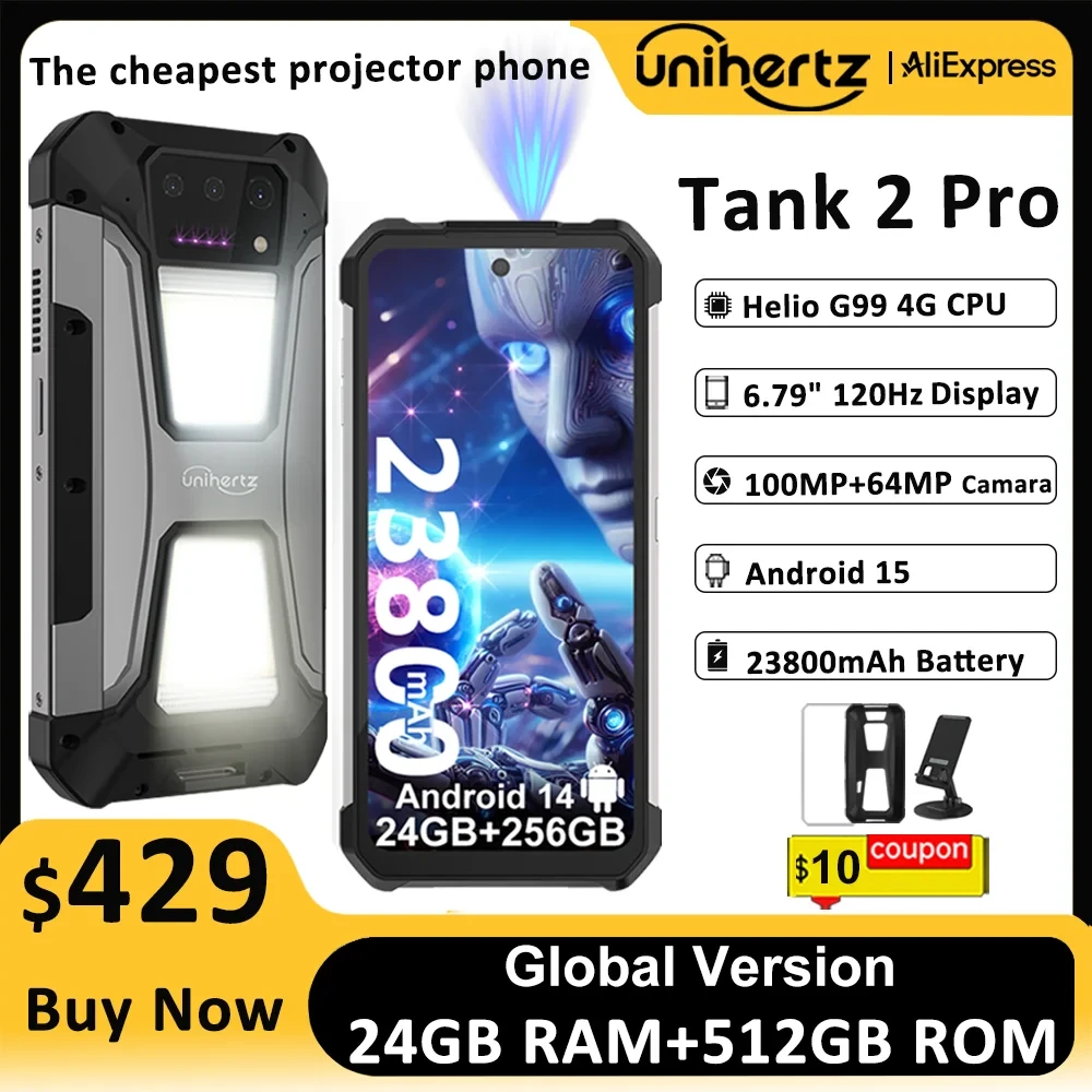 Unihertz Tank 2 PRO 8849 Rugged phones with Projector 2.4K 23800 mAh 24GB+512GB Android 14 100MP NFC 120W G99 Octa Core Dual SIM