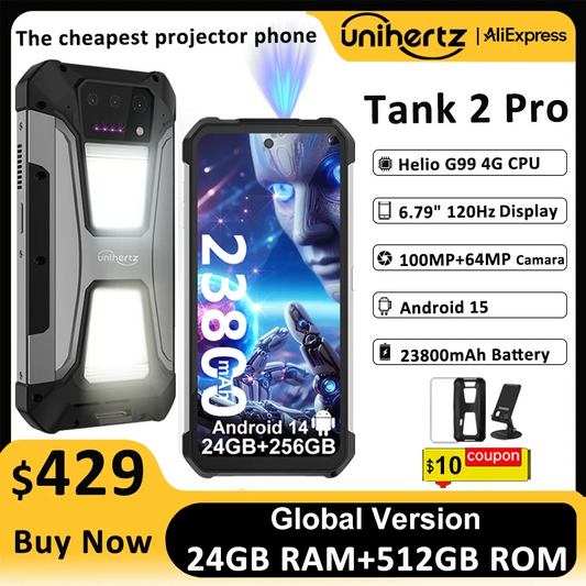 Unihertz Tank 2 PRO 8849 Rugged phones with Projector 2.4K 23800 mAh 24GB+512GB Android 14 100MP NFC 120W G99 Octa Core Dual SIM