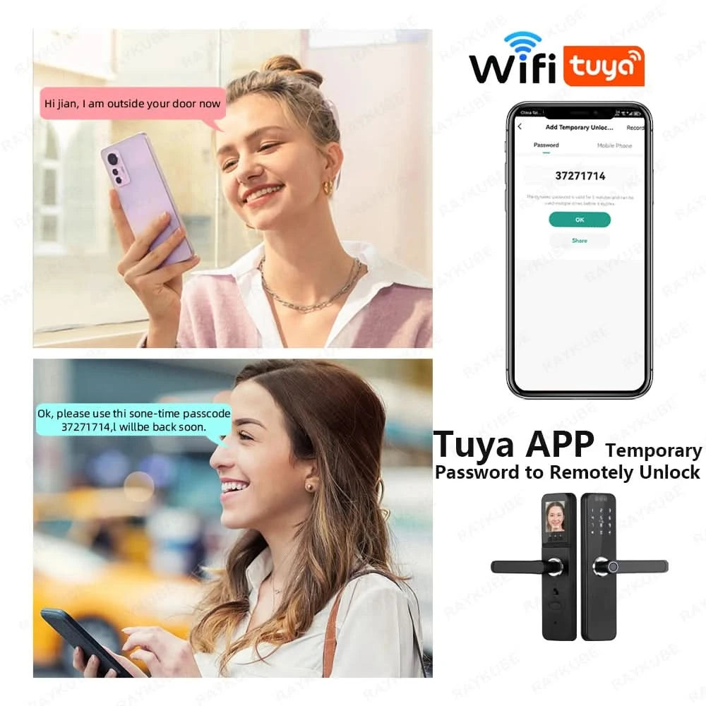 Aus Brasilien RAYKUBE K12 mit wiederaufladbaren Lithiumbatterien Tuya WiFi Kamera Elektronisches Schloss 3D-Gesicht Fingerabdruck Smart Türschloss