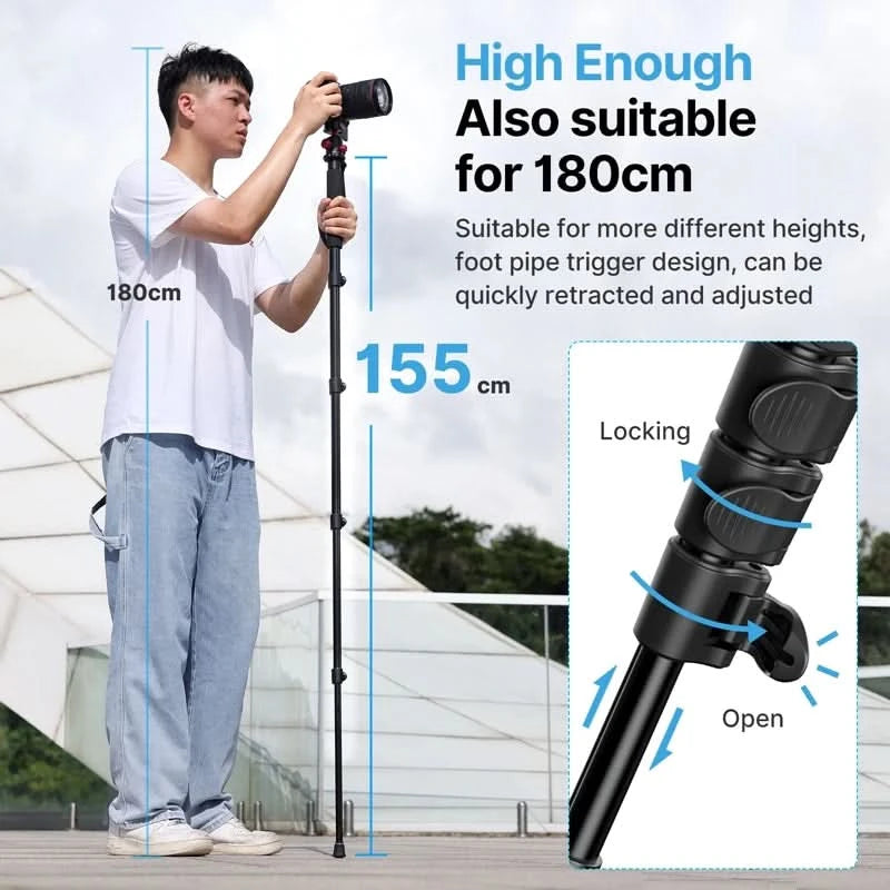 Ulanzi Leichtes Einbeinstativ Aluminium DSLR-Kamerastativ für 1/4''3/8'' Wanderungen Reisen Selfie-Stick Max. 155cm Verlängerung 5KG Belastung