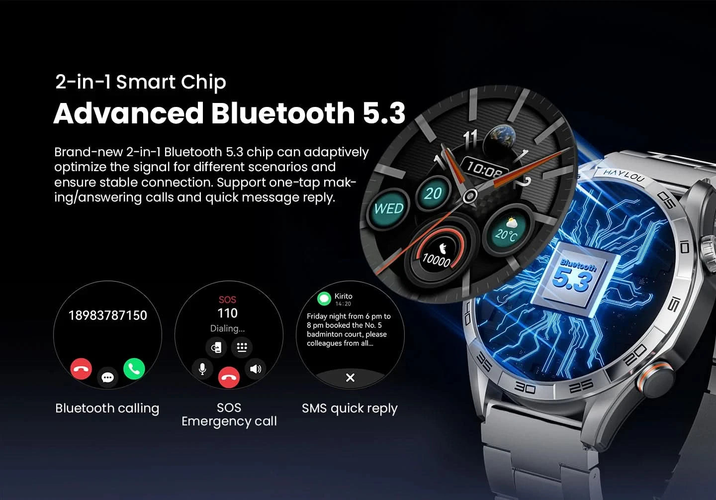 HAYLOU Solar 5 Smartwatch mit Sprachanrufen 1.58'' AMOLED Display 60Hz Smart Watch 24H Gesundheitsüberwachung Sport-Smartwatch für Herren