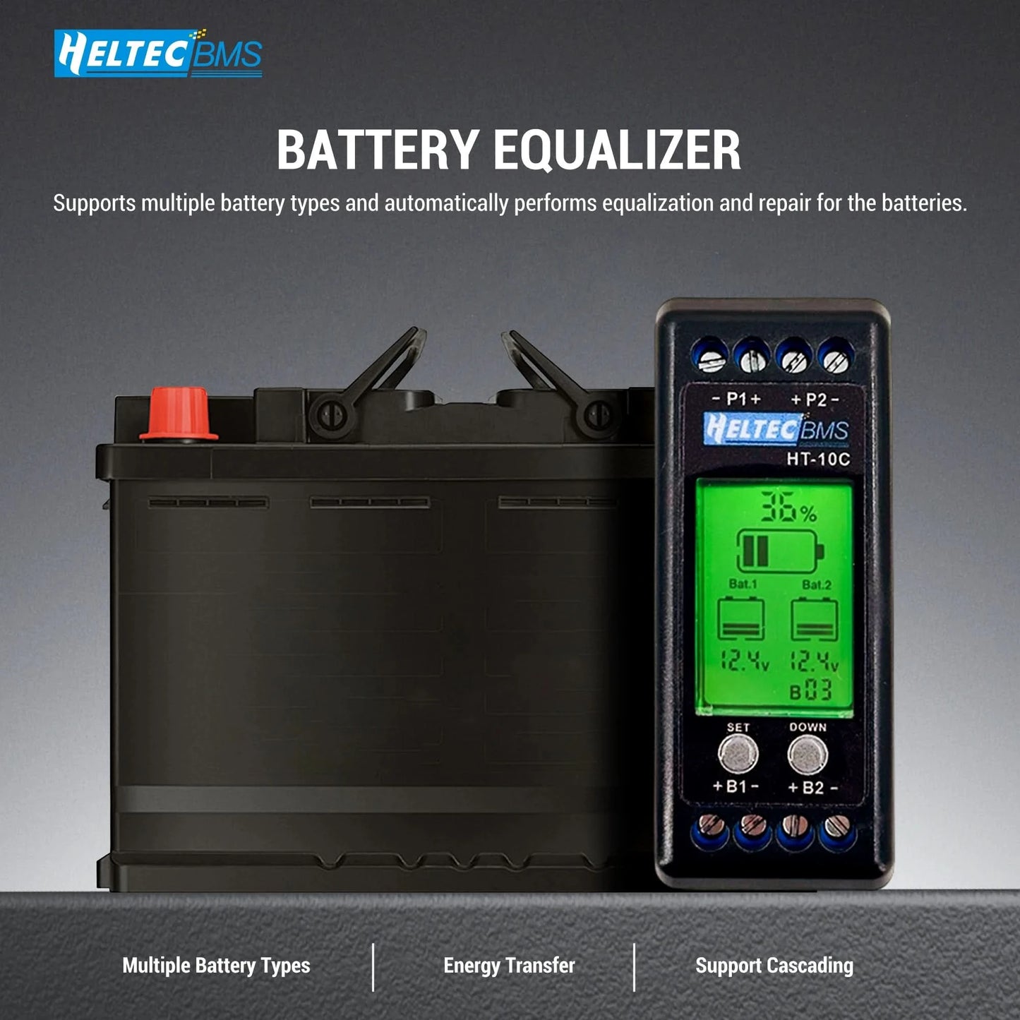 Heltec 12V Lead Acid Battery Equalizer 10A Active Balancer Lipo/Lifepo4 Connected in Parallel Series LCD Meter for 24/36/48V/96V