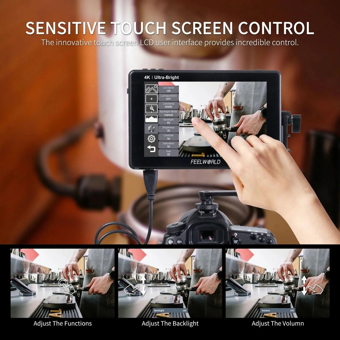 FEELWORLD LUT7 7 Zoll 2200nits Touchscreen Kameramonitor mit 3D LUT HDMI Ein- und Ausgang, Waveform, Vektorskop, Histogramm