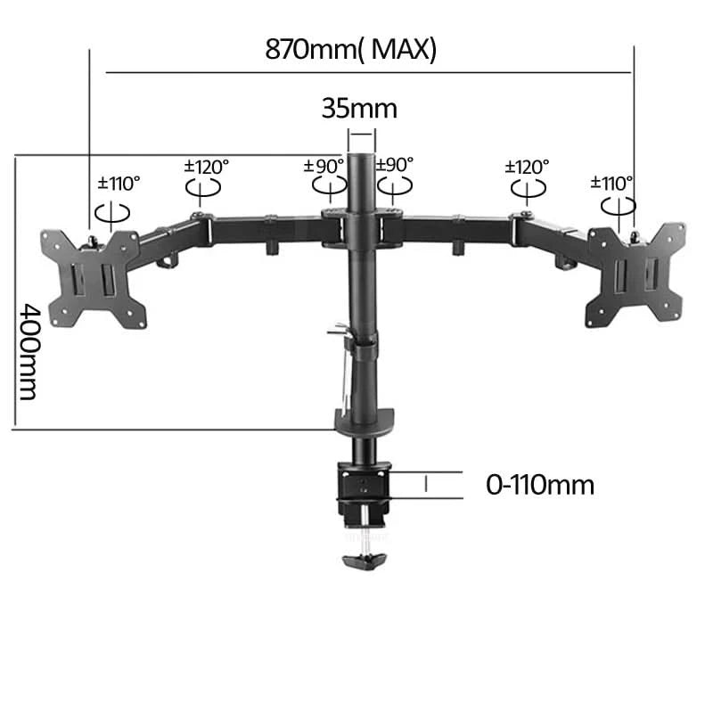 D-MOUNT MS02 9.9kg pro Kopf voll bewegliche 360° drehbare Halterung für zwei 10"-27" Monitore, Tischhalterung, langer Arm mit Klemme und Kabeldurchführung