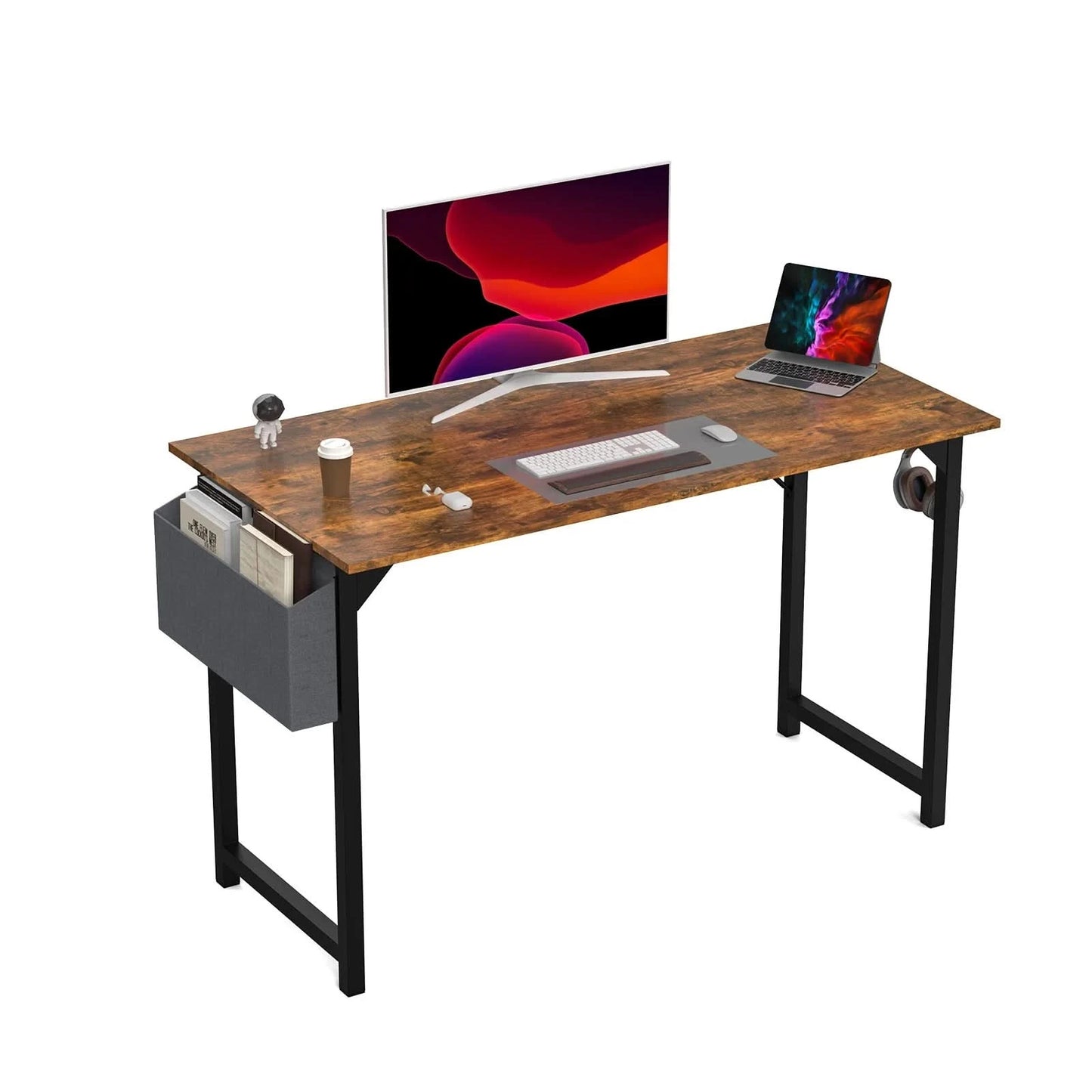 JHK Computertisch Schreibtisch Büro Gaming-Tisch Modern Einfacher Stil Kompakt mit Seitentasche Kopfhörerhaken Leichte Montage
