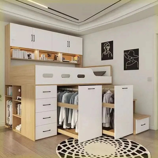 Small apartment solid wood high box storage bed wardrobe integrated, bed desk combination bed, multi-functional elevated bed