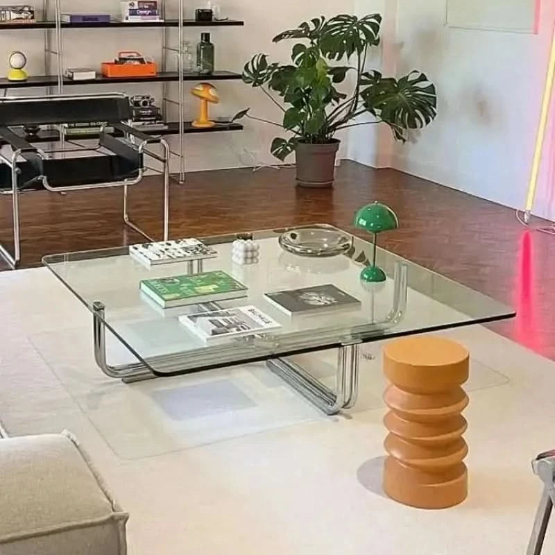 Transparent Square Glass Coffee Table, Stainless Steel Low Table