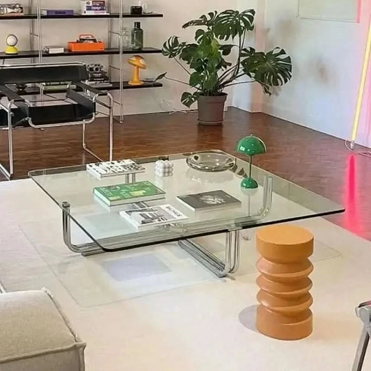 Transparent Square Glass Coffee Table, Stainless Steel Low Table