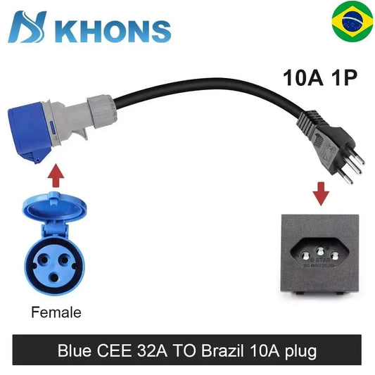 KHONS Electric Vehicle Charger Blue CEE 32A To Brazilian Plug 10A Adapter 32A 1Phase Female TO 10A Plug Connector