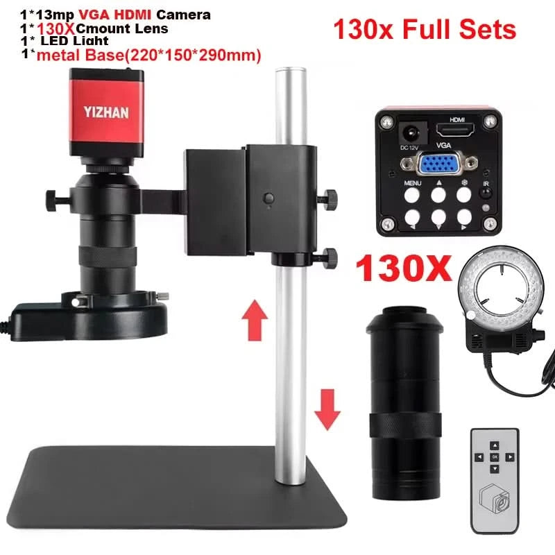13MP Video Microscope HDMI VGA Industrial Microscope Camera 1-130X/150X/215X C mount Lens For Soldering Repair Image Collection