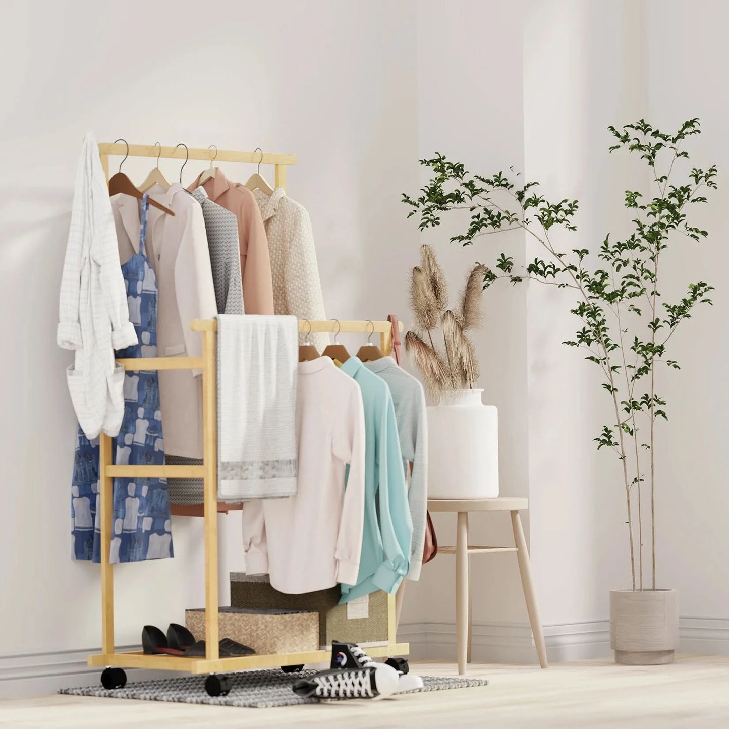Bambus-Garderobe, Kleiderständer, Schwerlast-Kleiderregal mit Schuh- und Kleideraufbewahrungsablagen
