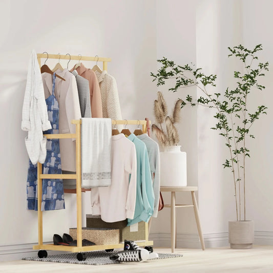 Bamboo Garment Coat Clothes Hanging Heavy Duty Rack with Shoe Clothing Storage Organizer Shelves
