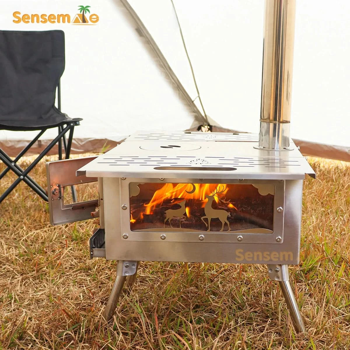 Camping Wood Stove Fire View Side Glass Portable Folding Wood Burner with Chimney Stainless Steel Tent Heater for Ice Fishing