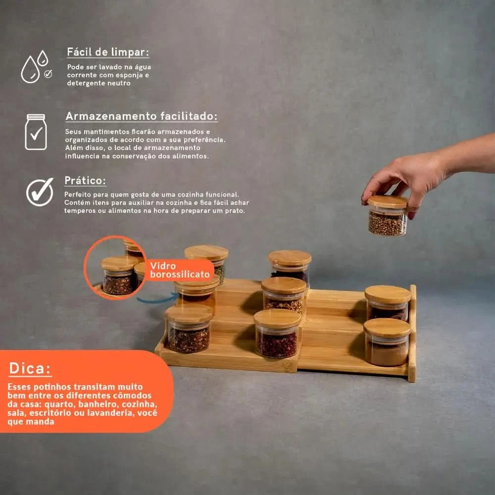 110ml 9 Pots Airtight Kit with Bamboo Lid and Bamboo Organizer Rack-Oikos