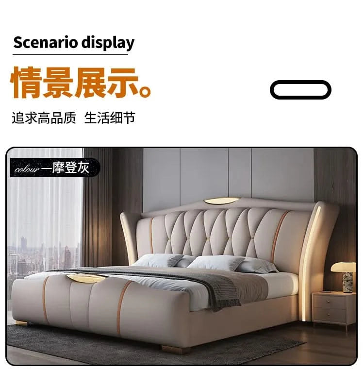 Home Leather bed with light modern minimalist lit 150x200 180x200 200x220 cm Double bed 2 people bedroom beds frames Furniture