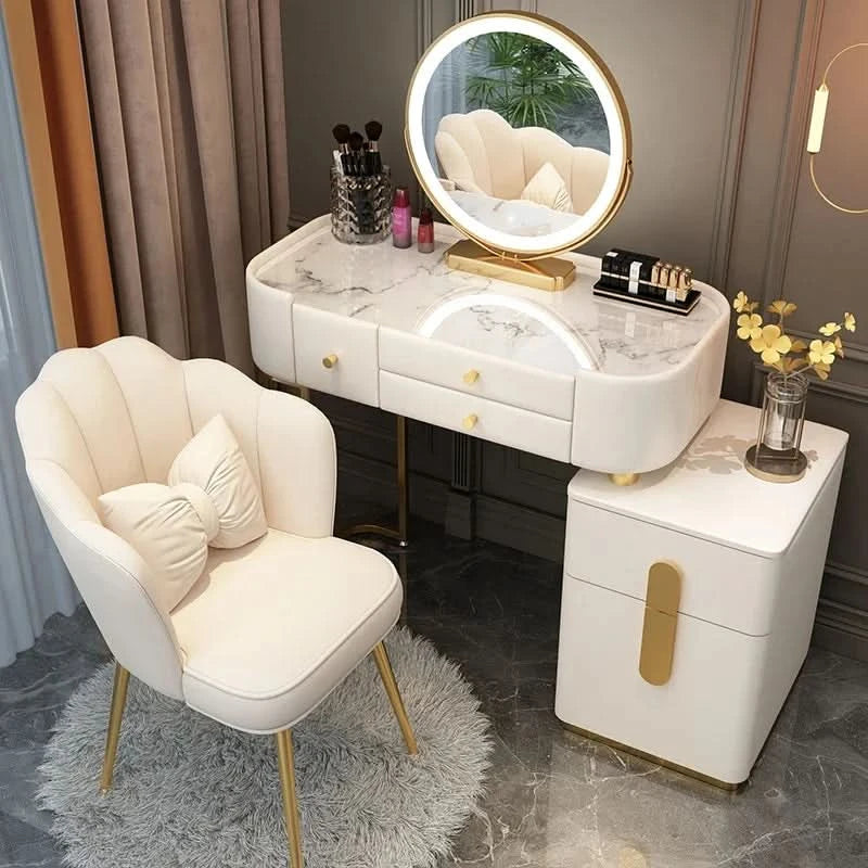 Luxury Jewelery Storage Dressing Table Glass Top Girls Unique Makeup Mirror Beauty Dressing Table Light White Muebles Decoration