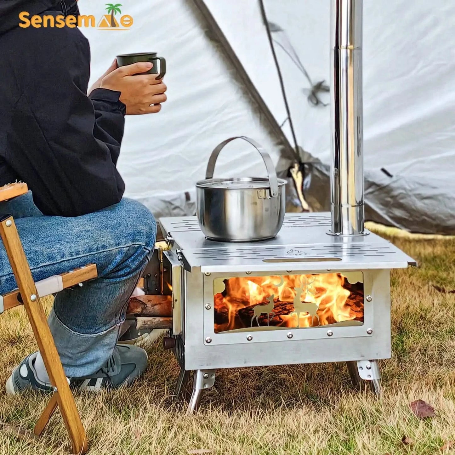 Camping Wood Stove Fire View Side Glass Portable Folding Wood Burner with Chimney Stainless Steel Tent Heater for Ice Fishing
