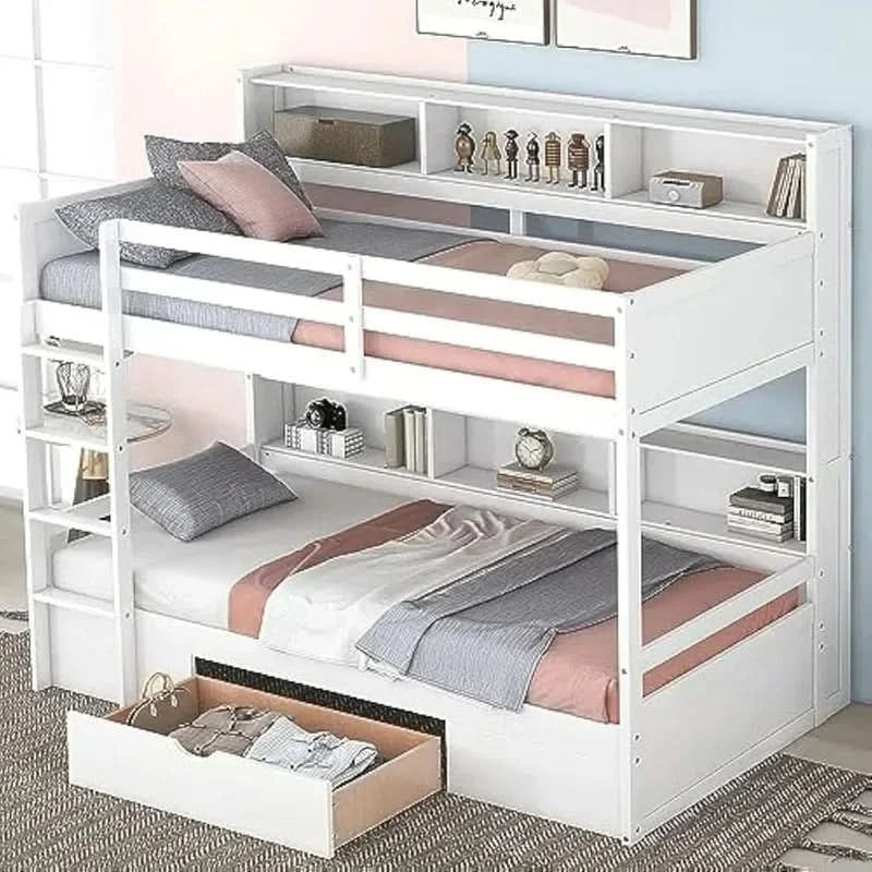Twin over Twin Bunk Bed with Storage Drawer, Solid Wood Construction, Built-in Shelves on Each Side