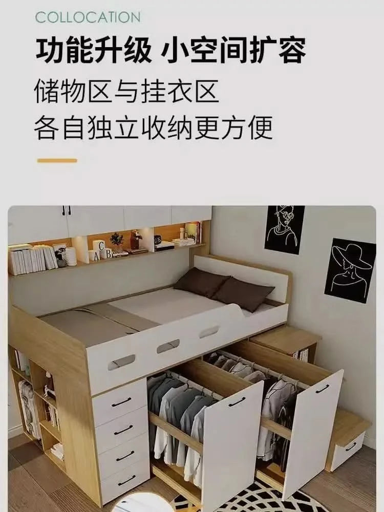 Small apartment solid wood high box storage bed wardrobe integrated, bed desk combination bed, multi-functional elevated bed