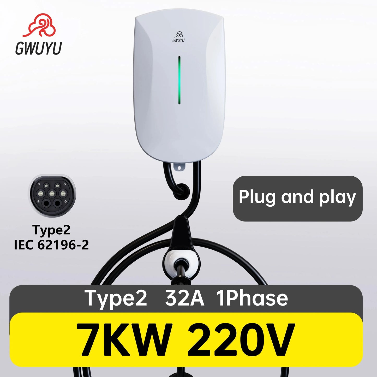 Wallbox EV Ladegerät 32A 7KW 16A 11KW 22KW 3-Phasen Elektrofahrzeug-Ladestation Typ2 IEC62196-2 Steckdose 5m Kabel Plug and Play
