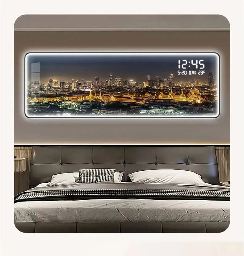 Modern Urban Night Scene Bedroom Bed Head Hanging Art Electronic Clock Landscape Architecture Living Room Sofa Background Wall D